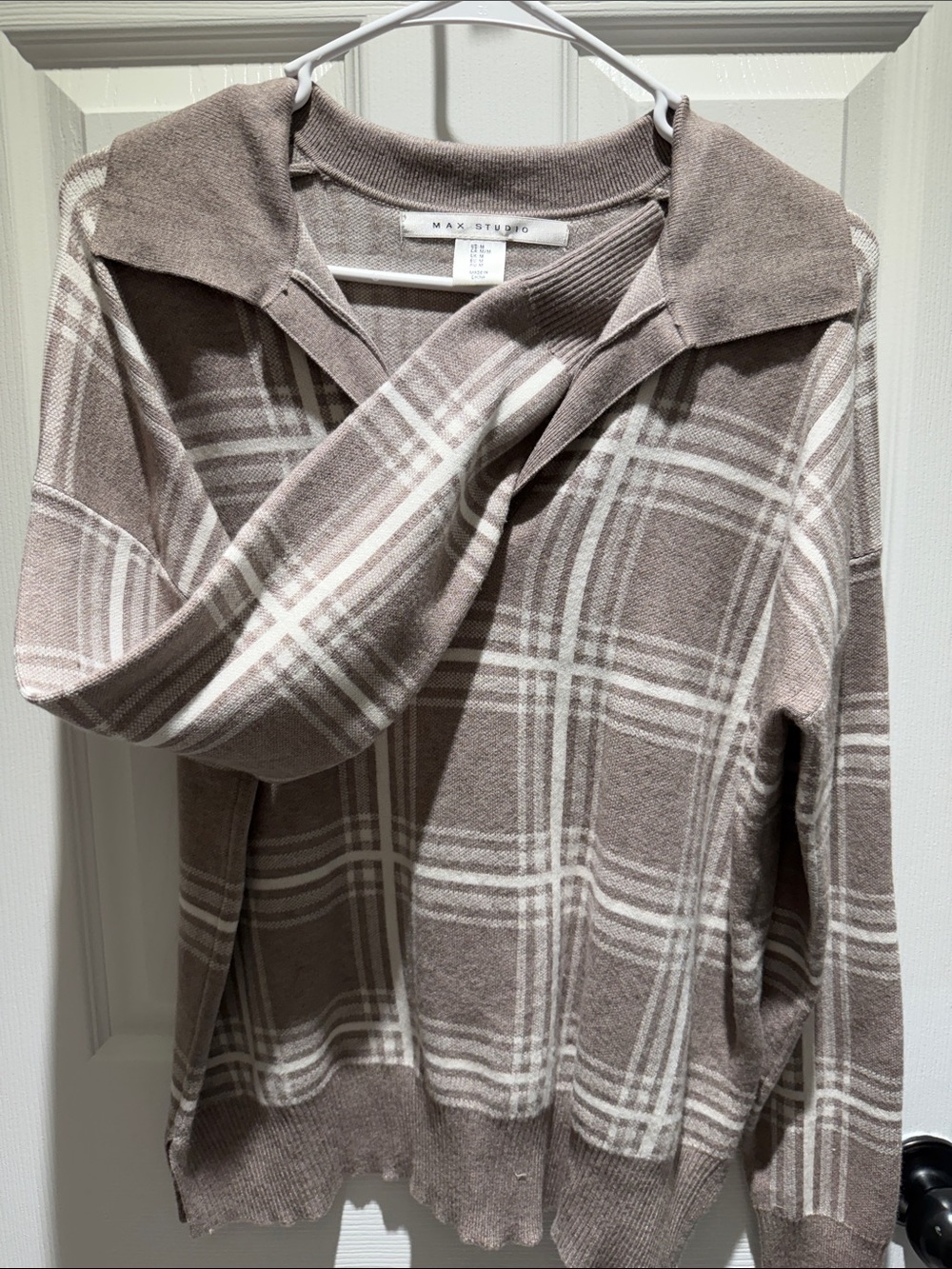 Max Studio Taupe and Cream Plaid Collared Knit Sweater - Picture 1 of 3